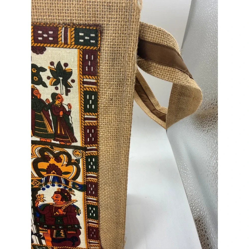 Jute Messenger Bag Indian Tapestry Folk Art Burlap Satchel Ipad Bag Tan Multi